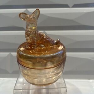 Scotty Dog Powder Jar Jeanette Glass Marigold Depression‎ Glass Orange Peach